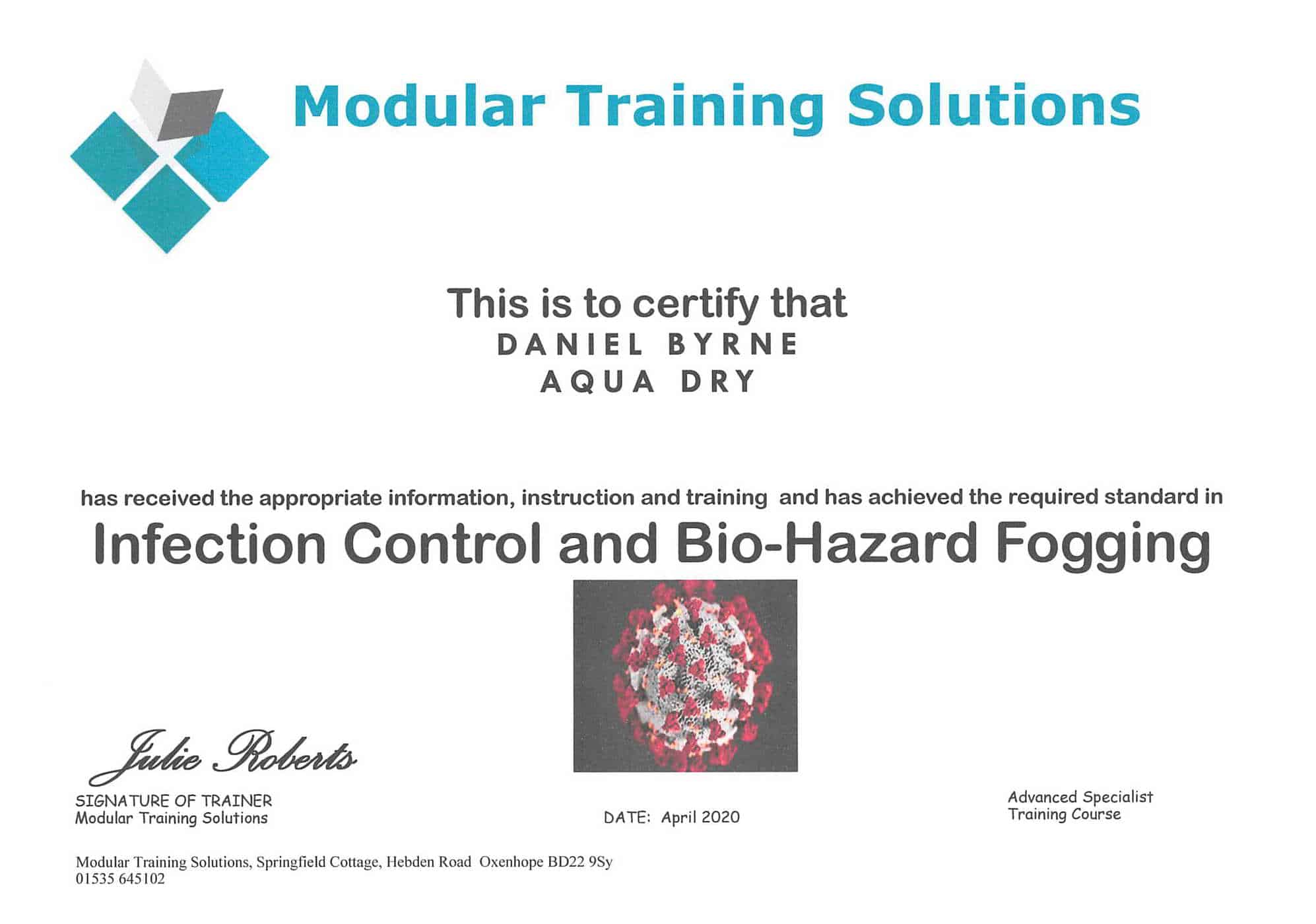 Certificate of Infection Control and Bio-Hazard Fogging Daniel Byrne
